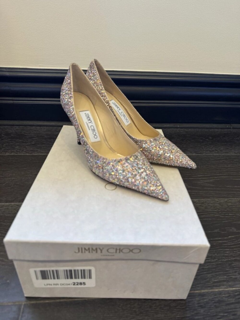 Authentic Jimmy Choo Glitter Pointed Toe Pumps Heels Multicolor Size 36, 3” Heel